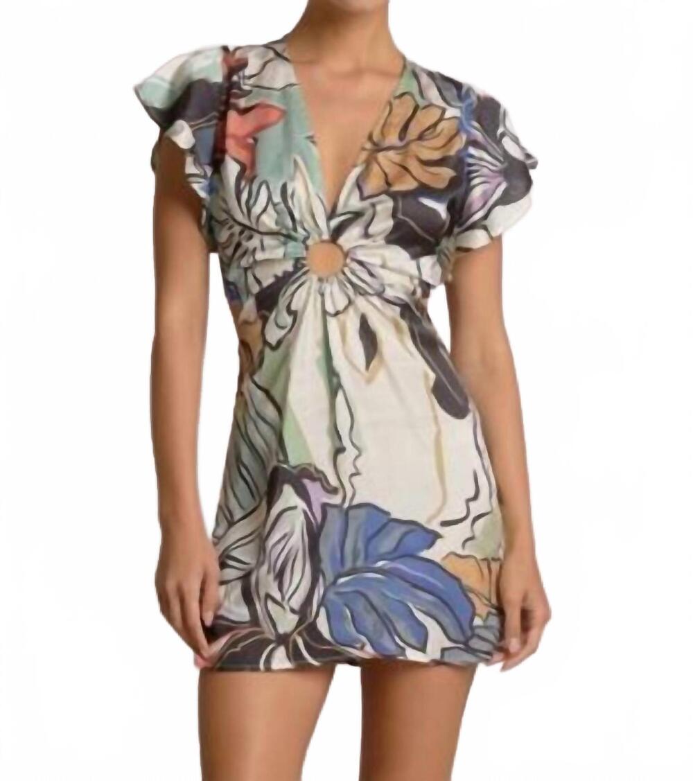 NEW ELAN women's v-neckline mini dress in blue botanical